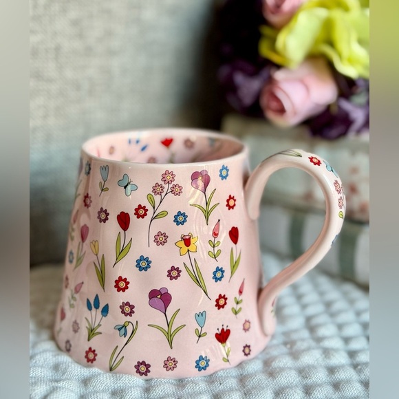 New Wild Flower Floral Garden Print Pink Textured Ceramic Coffee Mug Cup 20oz - Picture 1 of 6